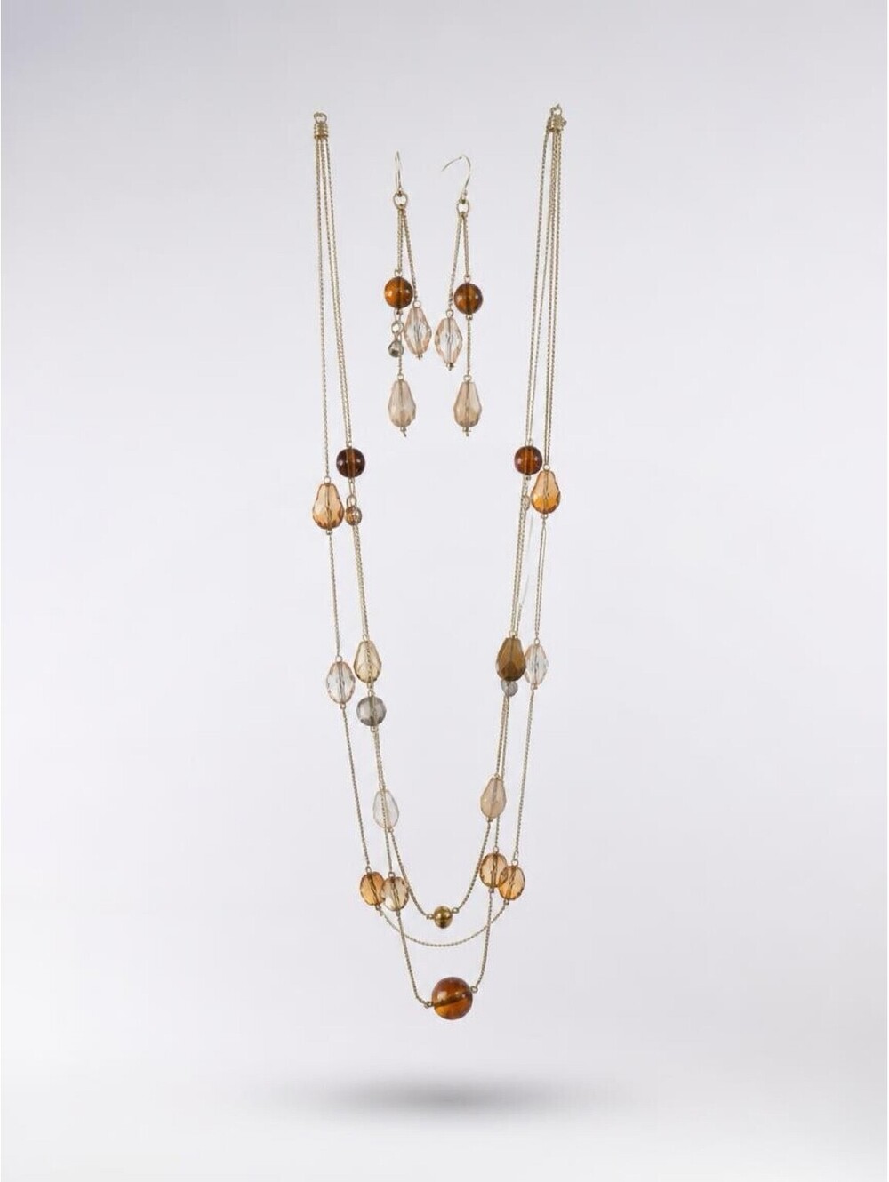 Silver Tone Multi Strand Beaded Necklace Earrings Set Brown Peach 22"